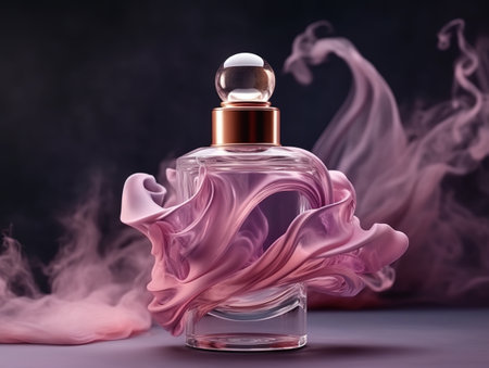 Luxury glass or crystal perfume bottle with smoke waves background in pink purple theme, mixed digital 3d illustration and matte painting. Generative AIの素材