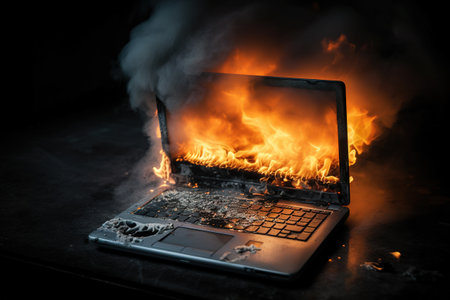 A burning laptop in a dark environment. Generative AIの素材