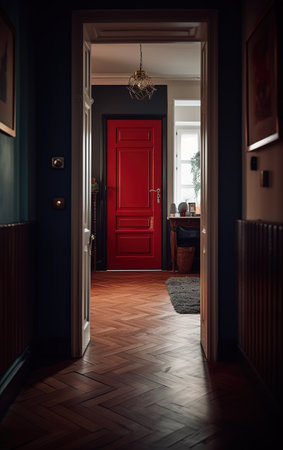 A hallway in a suburban home with a polished dark hardwood floor and a red front door. Generative AIの素材