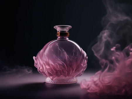 Luxury glass or crystal perfume bottle with smoke waves background in pink purple theme, mixed digital 3d illustration and matte painting. Generative AIの素材