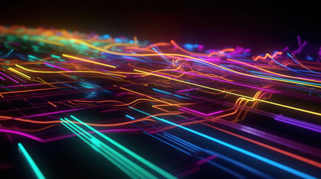 3d render, abstract neon background. Colorful glowing lines. Digital data transfer. Futuristic wallpaper. Generative AIの素材