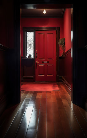 A hallway in a suburban home with a polished dark hardwood floor and a red front door. Generative AIの素材