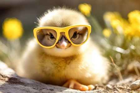Cute spring baby chick wearing cool sunglasses in a rural setting. Generative AIの素材