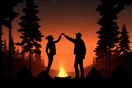 Silhouette of a couple in love dancing in front of a campfire in the middle of the night surrounded by forest and mountains. Generative AIの素材