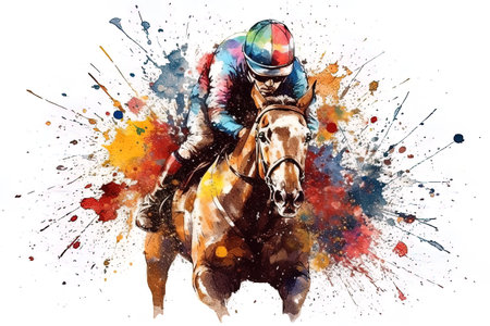 Abstract racing horse with jockey from splash of watercolors. equestrian sports. Generative AIの素材