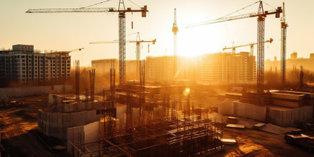 Illustration of a construction site with multiple cranes and a golden sunset. Generative AIの素材