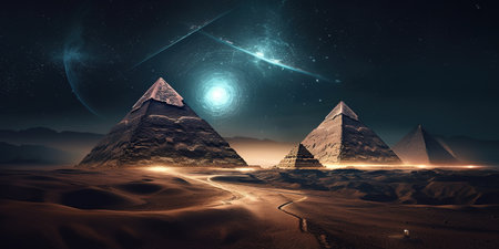Egyptian pyramids are present in this future desert environment at night. Stars in the night sky, light beams, and galaxy glare. Generative AIの素材