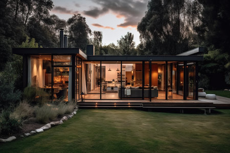 A contemporary home with a large glass front, lawn and a patio, is seen in the evening. Generative AIの素材