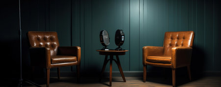 Two chairs and microphones in podcast or interview room isolated on dark background as a wide banner for media conversations or podcast streamers concepts with copy space. Generative AIの素材