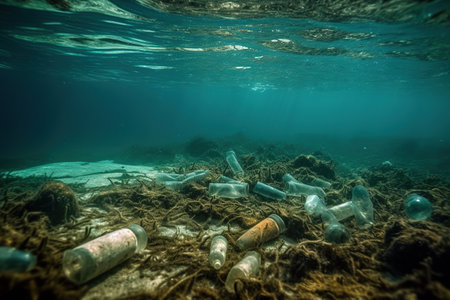 An image of trash plastic bottles drifting in the ocean. Generative AIの素材
