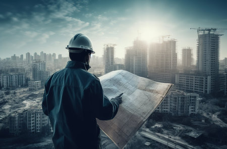 Construction engineer holding plan in double exposure. Generative AIの素材