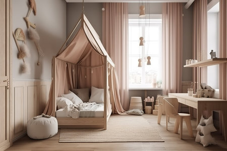 Interior mockup of a children's bedroom in a Scandinavian style. Generative AIの素材