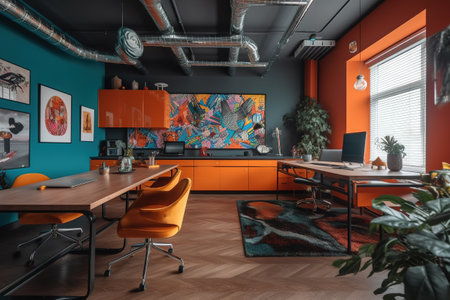 A cool pop art style office with bright flashy appliances and retro furniture. Generative AIの素材