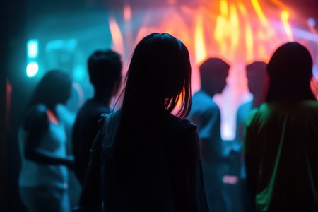 Blur image, techno party with young people seen from behind. Generative AIの素材