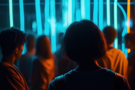 Blur image, techno party with young people seen from behind. Generative AIの素材