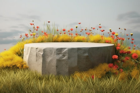 3D rendering of a natural podium with a stone base surrounded by yellow and red flowers, grass, and a cloudy sky. The scene can be used as a background for product displays, advertising. Generative AIの素材