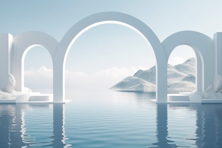 White arch background with marble podium on water for product presentation. Summer scene. 3D rendering. Generative AIの素材