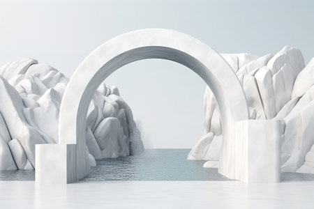 White arch background with marble podium on water for product presentation. Summer scene. 3D rendering. Generative AIの素材