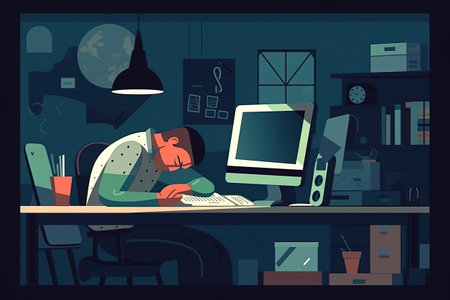 A completely overworked man sleeps with his head on the desk in his office. Generative AIの素材
