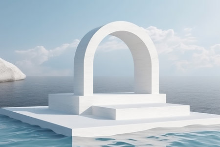 White arch background with marble podium on water for product presentation. Summer scene. 3D rendering. Generative AIの素材