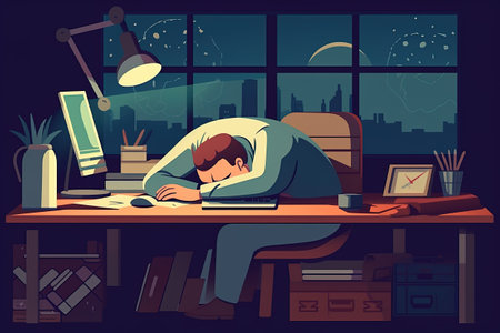 A completely overworked man sleeps with his head on the desk in his office. Generative AIの素材