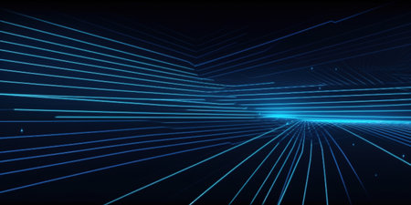 Abstract blue glowing geometric lines on dark blue background. Modern shiny blue diagonal rounded lines pattern. Futuristic technology concept. Generative AIの素材
