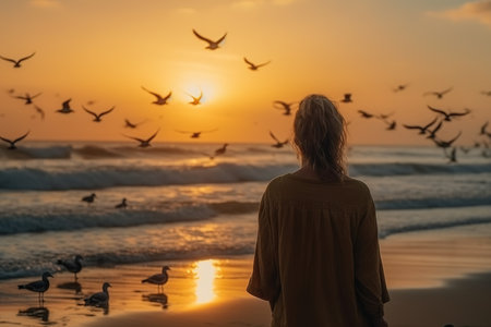 Woman on the beach with lots of seabirds at sunset. Generative AIの素材