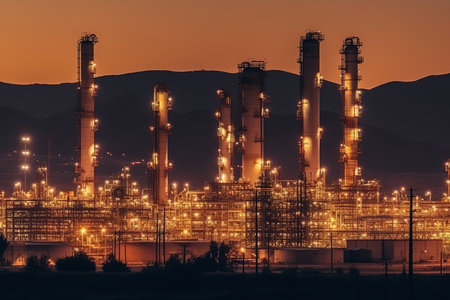 Oil refinery plant for crude oil industry on desert in evening twilight, energy industrial machine for petroleum gas production background. Generative AIの素材