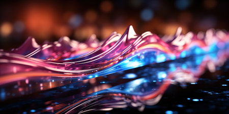 Abstract neon crystal background. Speed and technology concept. Glowing pink-blue and pink lines and bokeh lights. Generative AIの素材