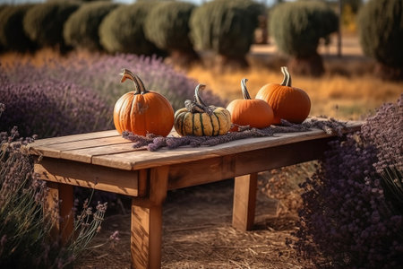 Rustic table with four pumpkins placed on it against a backdrop of a beautiful lavender field. Generative AIの素材