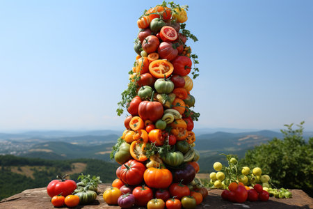 Garden of Imagination: Heirloom Tomato Tower. A whimsical and playful arrangement of heirloom tomatoes, creatively stacked to form a quirky tomato tower in a surreal garden setting. Generative AIの素材