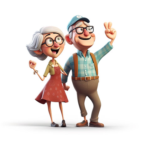 3D cartoon character cute couple happy grandmother and grandfather dancing have fun together, idea concept design, full body person isolated on white background. Generative AIの素材