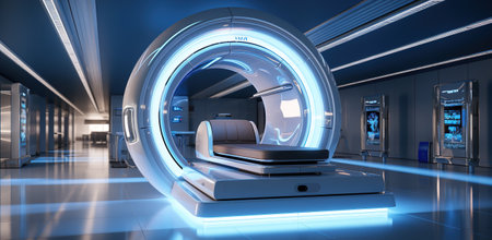 Futuristic, advanced mri or ct scan medical diagnosis machine at hospital lab. Generative AIの素材
