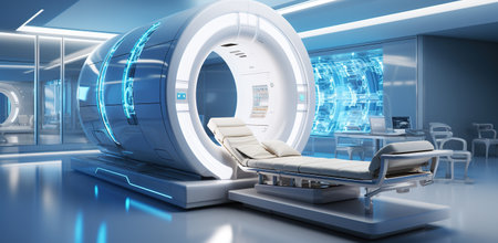 Futuristic, advanced mri or ct scan medical diagnosis machine at hospital lab. Generative AIの素材
