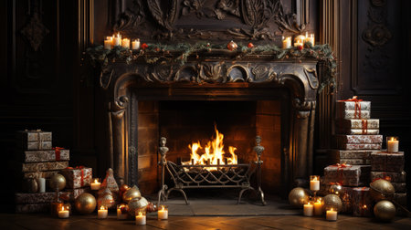A fireplace with Christmas decorations, candles and gifts. Generative AIの素材