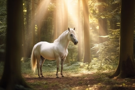A white horse stands in a beautiful fairytale forest. Generative AIの素材