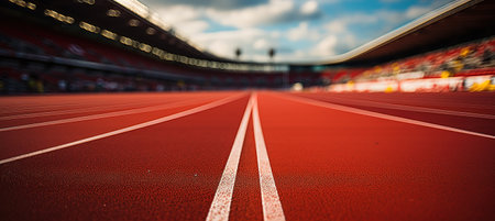 Close-up of a running track in a stadium with white striped markings. Generative AIの素材