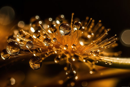 Water drops on dandelion seed macro in nature in yellow and gold tones. Generative AIの素材