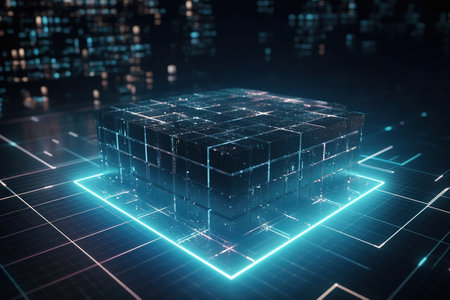 Hi tech A cubic array of square blocks is arranged against a backdrop of information fields. Blockchain abstract idea artwork. Learnability of artificial intelligence. Generative AIの素材