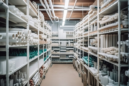 In the construction supply shop, plumbing pipes, PVC pipes, and water pipes are arranged on the shelves. Generative AIの素材