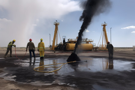 A black fountain of oil shoots out of the desert floor at high pressure, workers in yellow helmets stand around it. Generative AIの素材