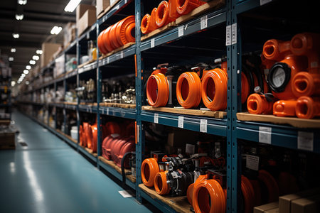 In the construction supply shop, plumbing pipes, PVC pipes, and water pipes are arranged on the shelves. Generative AIの素材