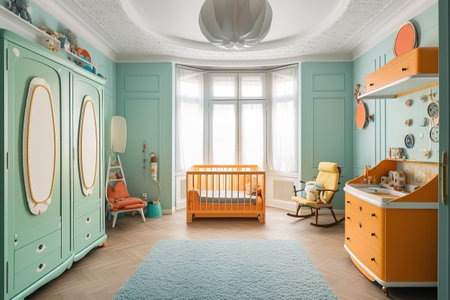 Art Deco style children's room with bright, eye-catching furniture. Generative AIの素材