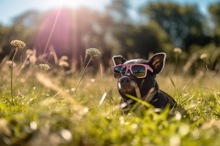 Little black piglet with sunglasses in a meadow with lots of sunshine. Generative AIの素材