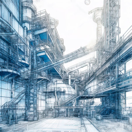 Industrial area with steel infrastructure on white background, double exposure, blueprint, blue drawing. Generative AIの素材