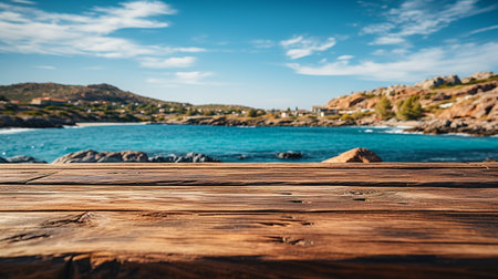 Wooden table with the background of the sea, an island and the blue sky. Generative AIの素材