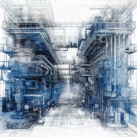 Industrial area with steel infrastructure on white background, double exposure, blueprint, blue drawing. Generative AIの素材