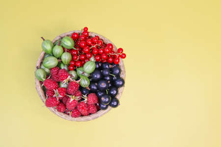 Plate with different summer berries. Raspberries, gooseberries, currants lie in wicker bowl on yellow background. Top view.の写真素材