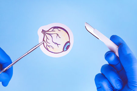gloved surgeon holds scalpel and clamp. Drawing of human eye on surgical table. Blue background....