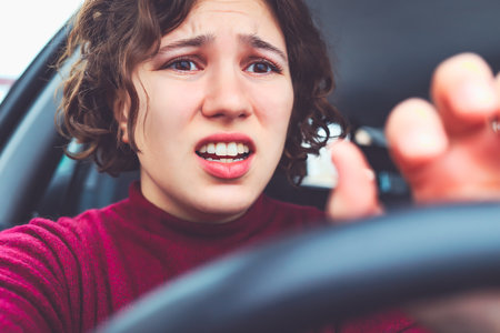 Young female driver crying at wheel of car. Upset person due to accident or damage car.の写真素材